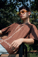 Hand embroidered block print brown cuban shirt